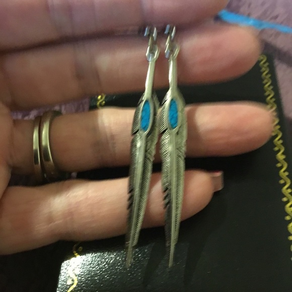 Vintage Native American 925 Arrow Feather Turquoise Dangle Earrings - Picture 10 of 15
